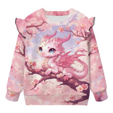 Pink Cherry Blossom Dragon Sweatshirt for Girls 3-4T, Ruffle Shoulder, Long Sleeve Crewneck Pullover – Compatible with Fall Kids' Fashion