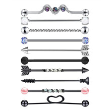 14G Stainless Steel Long Industrial Barbell Set CZ Industrial Piercing Jewelry-Set D-10pcs