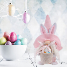 Muñeco de gnomo de Pascua rosa de algodón suave, lindo y festivo, 9.64 x 5.70 x 7.48 pulgadas, para bandeja de varios niveles, escritorio, estante,