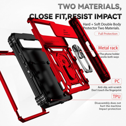 Google Pixel Fold Case with Lens Protector, Kickstand, Shockproof Rugged Shield & Ring Holder (Red) – Compatible with Google Pixel Fold 2
