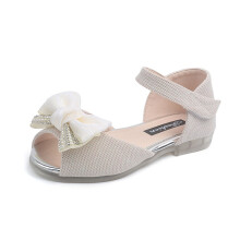 Toddler Girls Sandals Low Heel Princess Dress Pump Ankle Strap Bow Flower Wedding Party Dance Shoes for Kids Beige 7-8 Years