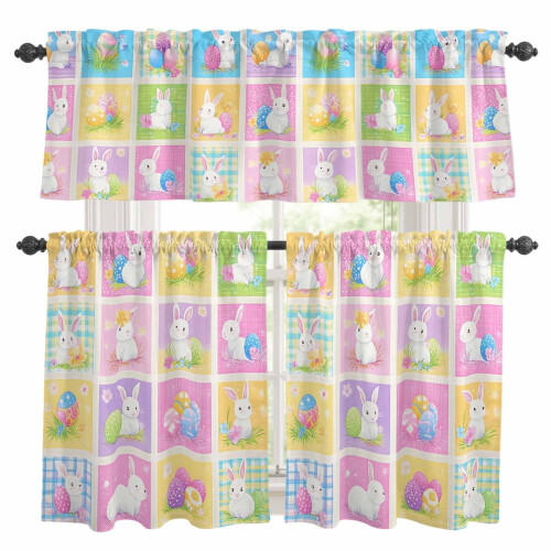 Easter Rabbit Kitchen Curtains Set Purple Yellow Egg Plaid
