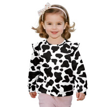 Cow Print Girls Sweatshirt Crewneck Pullover Sweater Tops Ruffle Long Sleeve Pullover Hoodie Athletic Sweatshirts for Fall Winter Spring Size 2-3