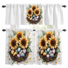 Ensemble rideaux et cantonnières de cuisine « Nid d'œufs de Pâques » – Motif floral printanier de tournesols bleu et jaune aquarelle,