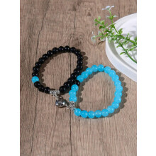 2pcs/set Creative Black and Blue Magnetic Heart Charm Beaded Bracelet For Couple-default