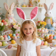 Fleece Bunny Ears Headband with Flowers - Stretchable Hair Hoop for Easter Party Photo Props Festival Costume - Red
