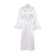 Satin Kimono Robe Long Silky Bath Robe with Ostrich Feather Trim Sleepwear Wedding Bridesmaid Robe White M