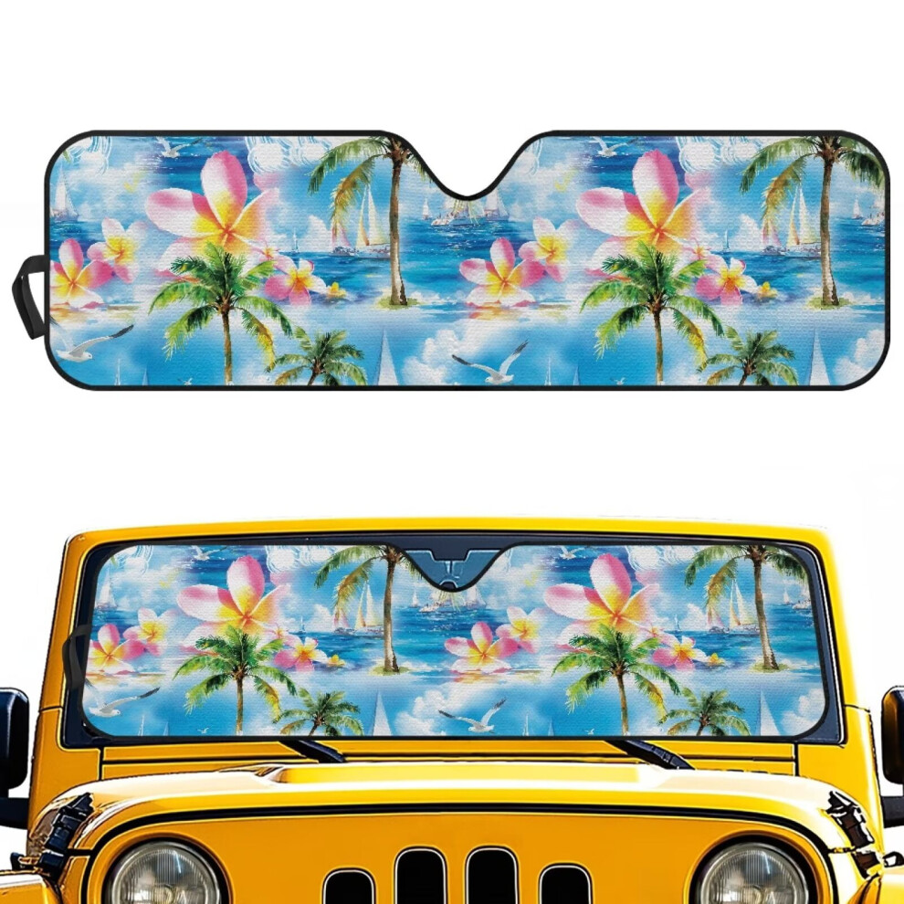 Foldable Car Sun Shade With Hawaiian Palm & Plumeria Design, Aluminum Foil Heat Shield, Compatible With 1997-2017 Jeep Wrangler Tj/Jk/Jku 9122141076582