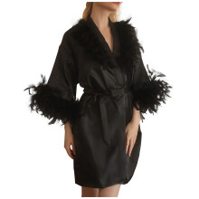 Women Feather Fur Robe Silk Satin Bridal Dressing Gown Nightgown Bathrobe Sleepwear Black L