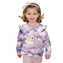 Purple ruffled shoulder sweatshirt with daisy & rabbit print, long sleeve crewneck pullover – comfortable casual top for fall, winter, spring