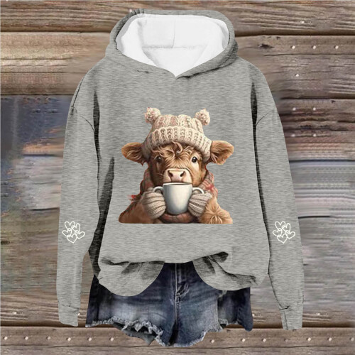 Hættetrøje med koprint til kvinder, grå, oversized sweatshirt, 2XL 1