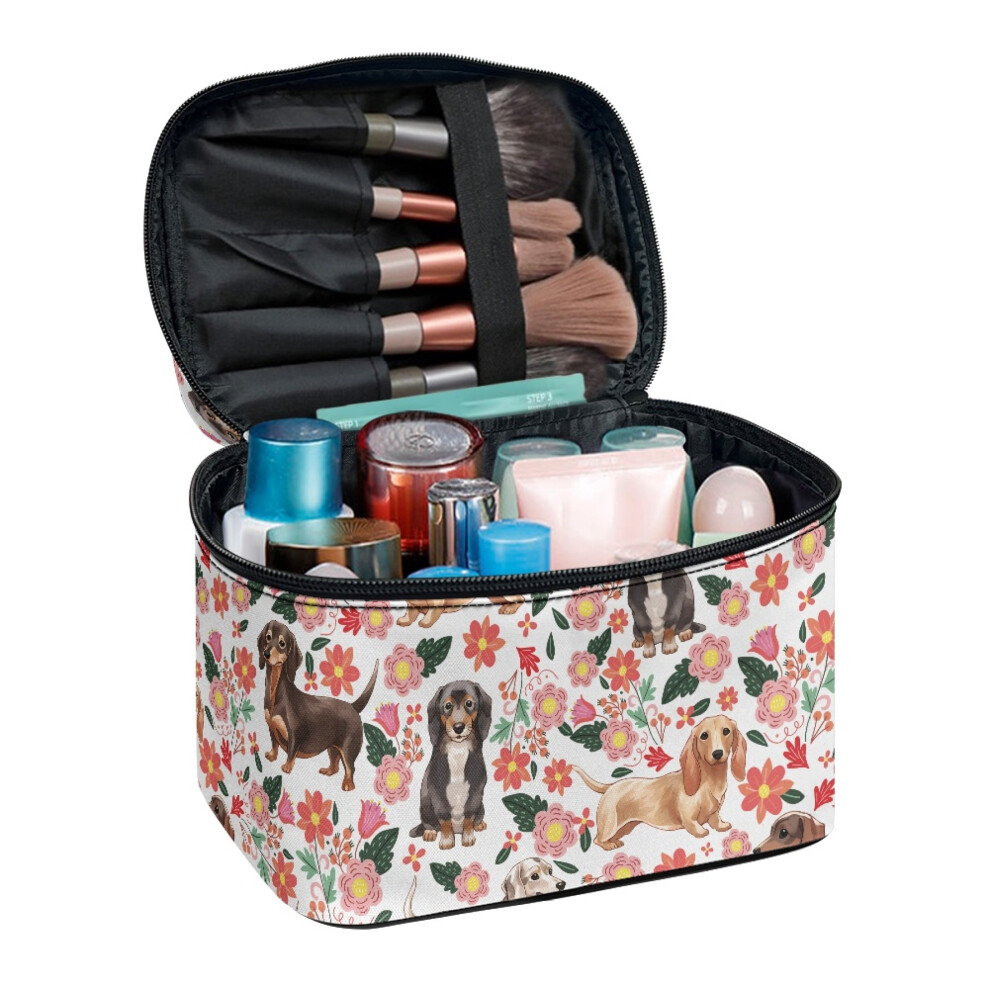 Dachshund floral cosmetic organizer bag with brush slots
