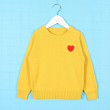 Yellow Toddler Cotton Sweater Size 120 (5T-6T), Soft Breathable Crewneck with Red Heart Embroidery, Everyday Layering Top for Boys & Girls
