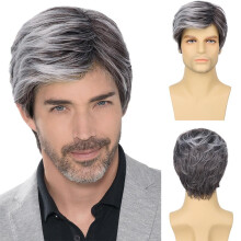 Short Side Part Gray Synthetic Wig for Men with Natural Layered Fluffy Look, Suitable for Daily Wear and Heat Styling