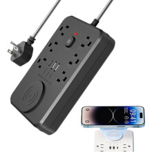 6-Outlet Power Strip with 3 USB (2A+1C), 15W Qi Wireless Charger, 5FT Cord, Surge Protection | compatible with Anker Charging Station