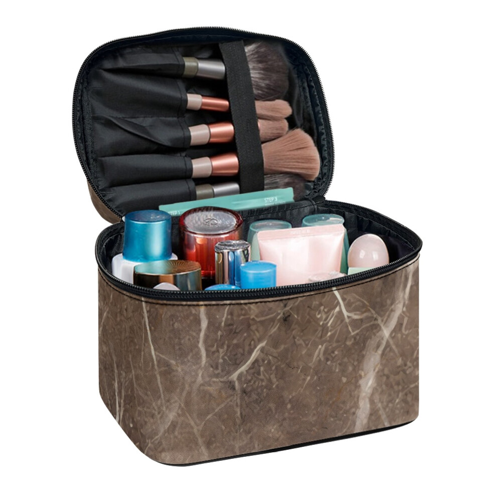 Multi-Function Makeup Organizer Large Cosmetic Travel Bag with Brush Slots Portable Makeup Cosmetic Bag Organizer for Men and Women Marble Pattern