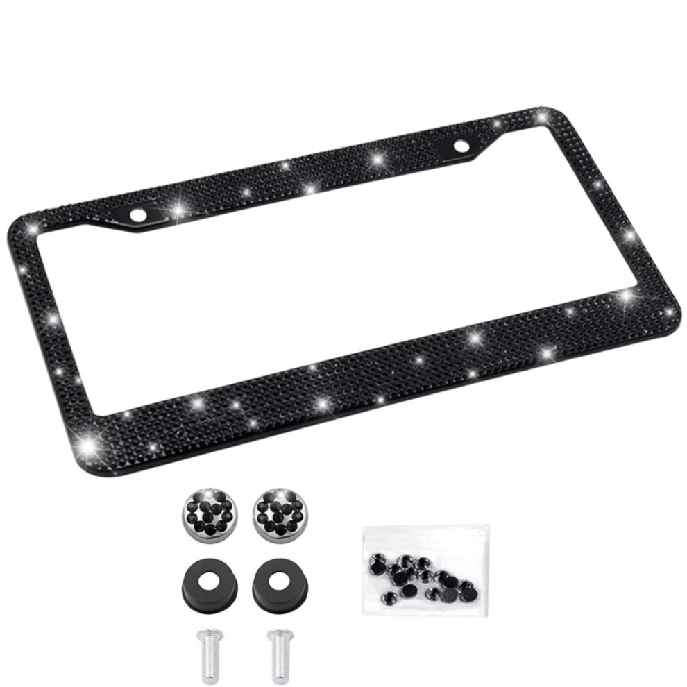 Rhinestone License Plate Frame Stainless Steel Black 9085618515628