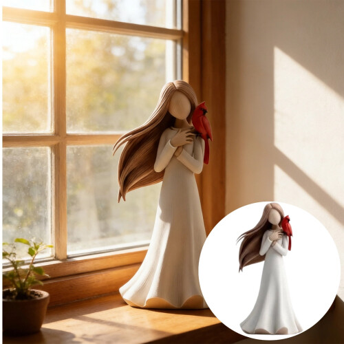 White Resin Angel Statue with Red Bird for Sympathy