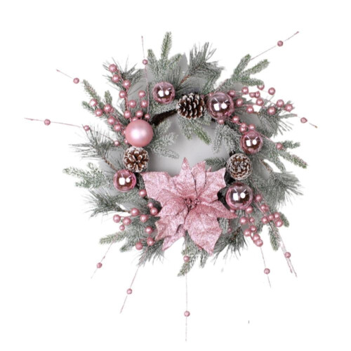 Guirlanda de Natal artificial rosa com enfeites de bolas.