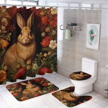 4-Piece Rabbit & Flower Shower Set: Curtain, Rug, Toilet Cover, U-Shaped Mat – Red Vintage Farmhouse, Waterproof, Compatible with Standard Rods