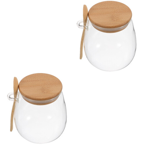 2Pièces Bocal Verre Transparent Couvercle Bois Usage Rangement
