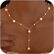 Zarte Perlenkette aus 925er Sterlingsilber für Damen – Weißer Perlenanhänger in Y-Form, Gold-Choker, Geeignet als Geschenk für Mutter, Braut,