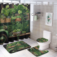 Old Truck Green Shamrocks 4-Pc Bathroom Set: Shower Curtain, Rug, Toilet Lid Cover & Non-Slip U-Shape Mat – Durable, Waterproof
