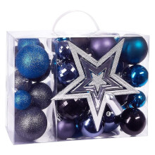 Christmas Ball Ornaments 50ct - Shatterproof Baubles - Black & Blue Tree Decorations with Tree Topper