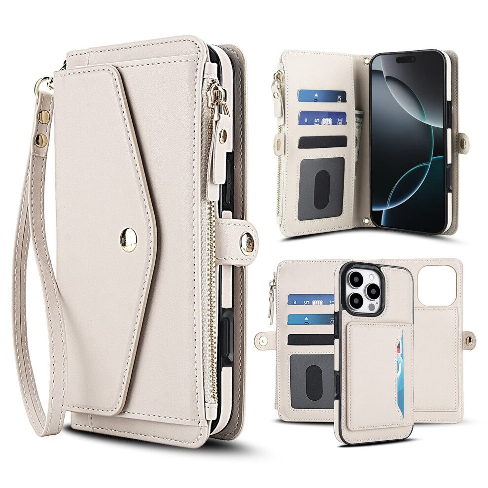 Detachable Wallet Case For Iphone 16 Pro, Magnetic Leather 2-In-1 With Card Slots, Magsafe Compatible, Shockproof, Wrist/Shoulder Strap, White 9097180851066