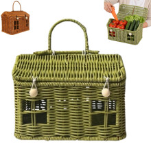 Rattan House Shaped Basket, Handmade Rattan House Shaped Picnic Basket with Lid & Handle, Vintage Easter Decorative Hand Woven Shelf Organizer,Green