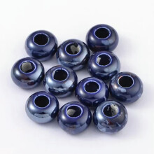 20 piezas de cuentas de porcelana europeas hechas a mano, esmaltadas, en forma de rondel con agujero grande, 15 mm - Azul acero