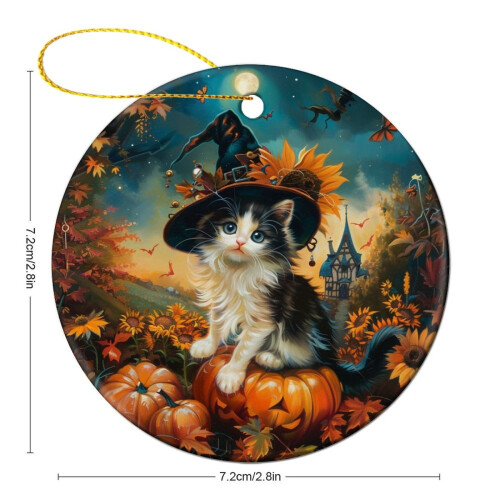 Kitten Witch Hat Ceramic Ornament Black White Vintage 1