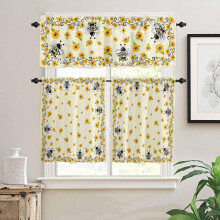 Summer Bee Honey 3-Piece Kitchen Curtain Set, Rod Pocket Valance & Tiers, Washable, Sunflower Yellow & Black