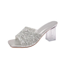 Silver Peep Toe Sandals For Women High Heels Casual Summer Shoes Outdoor Indoor Crystal Clear Heel 2.95 Inches Heel Height Slip On Slippers Size 40