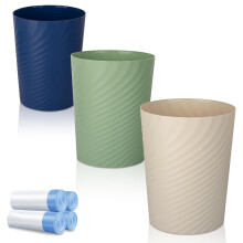 Small 1.8-Gallon Bathroom Trash Can with Bags, Round Plastic Waste Basket – 3 Pack (Blue/Green/Beige), Compatible with Standard Bags