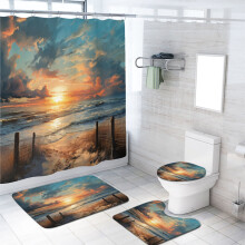 4-Piece Shower Curtain Set with Rug, Sunset Seaside Design, Toilet Lid Cover & Bath Mat, Waterproof, 72x72", 12 Hooks, Compatible with Standard Rods
