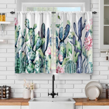 Tropical Cactus Kitchen Curtains – Watercolor Succulent Short Cafe Curtains, Rod Pocket, 24" Length, 2-Pc Set, Compatible with Standard Rods