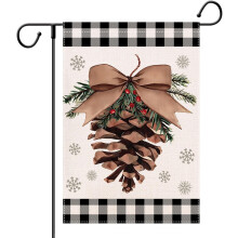 Bandiere natalizie 28x40", bandiera da esterno bifacciale in stile rustico, motivo a quadri bianchi e neri, decorazione rustica con pigne -