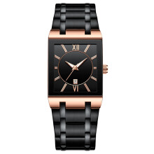 Montre homme élégante en acier inoxydable doré, style rectangulaire, avec date, étanche, à quartz analogique.