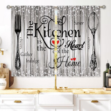 Rustic Grey Farmhouse Kitchen Curtains, Vintage Fork & Spoon Design, 26x36 Inch Cafe Tier Drapes with Rod Pocket – Compatible with Standard Rods