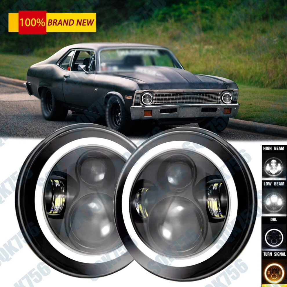 Pair 7'' Inch Round Led Headlights Halo Drl For Chevy C10 C20 Pickup Nova Light 9023022581792