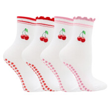 4 Pairs Women's Pilates Grip Socks - Cute Cherry, Bow & Stripe Patterns - Non Slip Crew Socks for Yoga, Barre, Workout & Floor Exercises