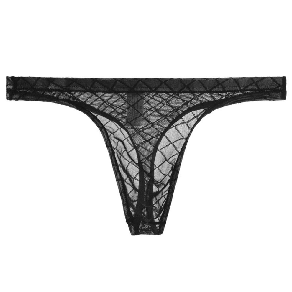 Men's Mesh Thong Briefs, Low-Rise Stretch Bikini Underwear, Soft Breathable Lace Pouch G-String, Black, XX-Large