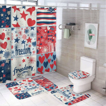 Geometric Hearts, Fireworks & Flowers 4-Pc Shower Curtain Set w/ Rugs, Toilet Lid Cover & Bath Mat – Patriotic, Waterproof, Durable – Compatible