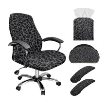 Black Leopard Print 5-Piece Office Chair Cover Set, Washable Slipcovers + Remote Holder & Tissue Box Case, Compatible with Standard Chairs
