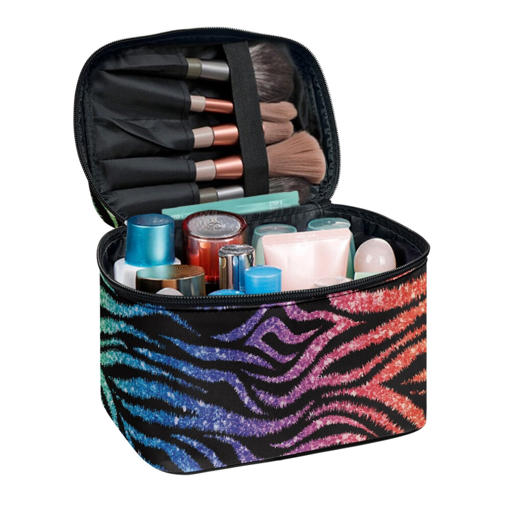 Make up Cosmetic Bags Effortless Organization Travel Cosmetic Organizer Bag with Brush Slots Daily Work, Rainbow Zebra