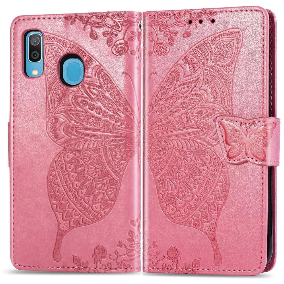 Butterfly Leather Wallet Case For Samsung Galaxy A20/A30 Â Flip Folio With Kickstand, Magnetic Closure & Card Holder Pink 9023022582881