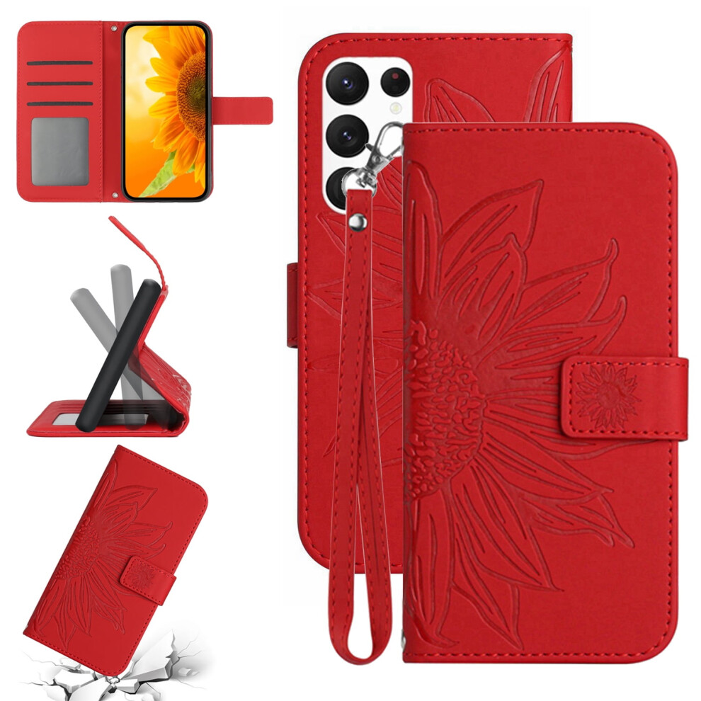 Slim Sunflower Embossed Pu Leather Wallet Case For Samsung Galaxy S22 UltraâMagnetic Flip Cover With Card Slots, Kickstand & Hand Strap, Red 9336866737158
