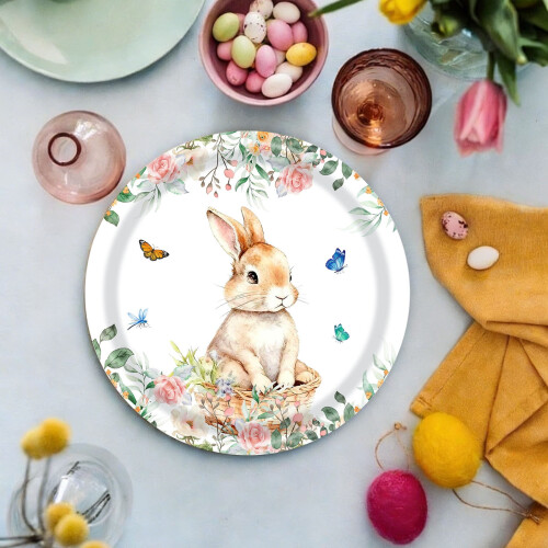 Einwegteller mit Osterhasen- und Blumenmuster (20 Stück)