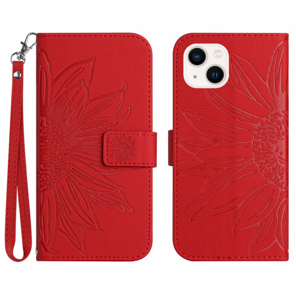 Iphone 14 (6.1", 2022) Wallet Case With Wrist Strap, Sunflower Pu Leather, Shockproof, Magnetic Flip Stand & Card Slots Â Red 9336866738285